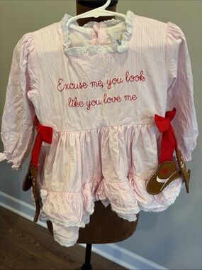 Busy Bee Pink Striped Ruffle Dress with Red Bow/Country details